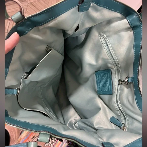 Coach Aubrey Aqua Marine-2 Tone Patent Leather Tote W/Shoulder Strap & Handles - Picture 7 of 16